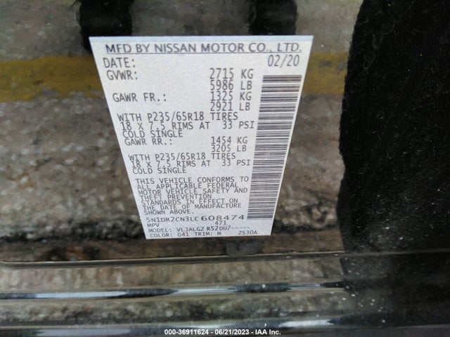 2020 NISSAN PATHFINDER SL VIN: 5N1DR2CN3LC608474