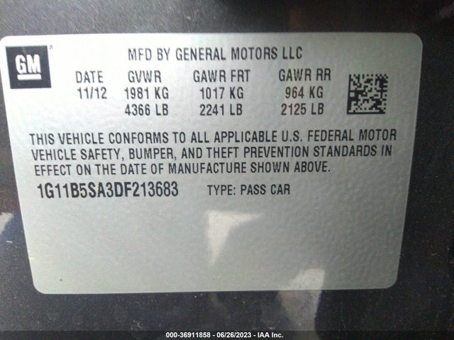 2013 CHEVROLET MALIBU LS VIN: 1G11B5SA3DF213683