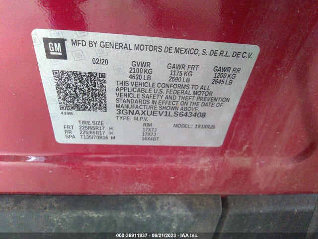 2020 CHEVROLET EQUINOX LT VIN: 3GNAXUEV1LS643408