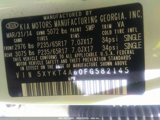 KIA SORENTO LX 2015 5XYKT4A60FG582145 Image 10