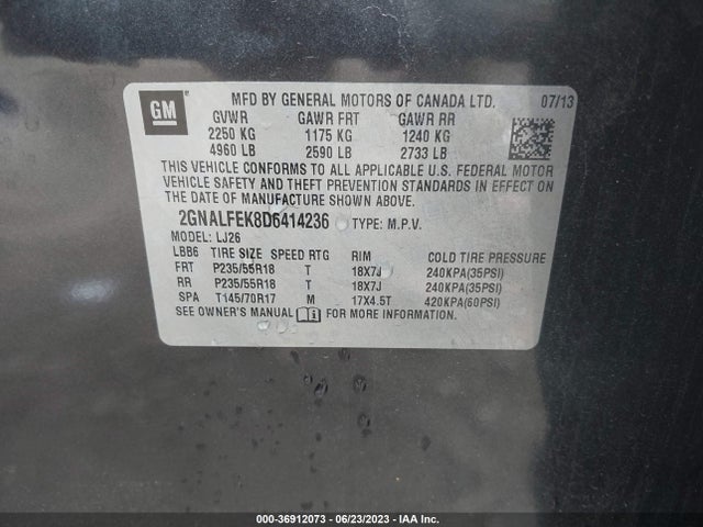 2013 CHEVROLET EQUINOX LTZ VIN: 2GNALFEK8D6414236