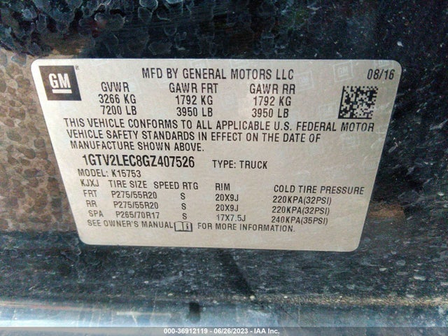 2016 GMC SIERRA 1500 VIN: 1GTV2LEC8GZ407526