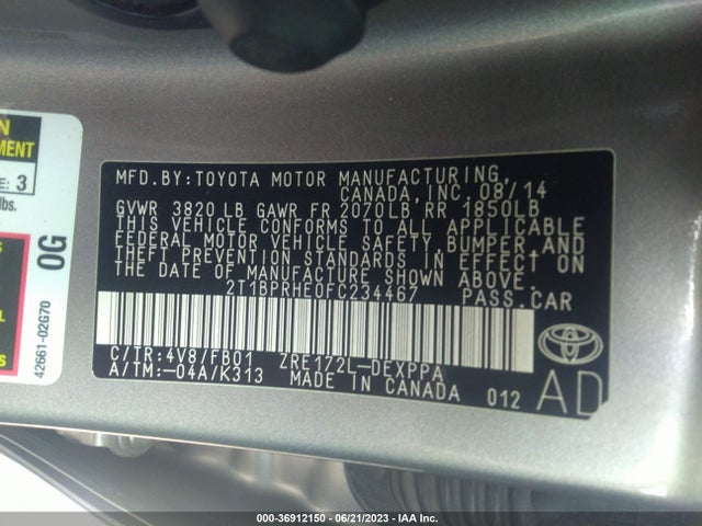 2015 TOYOTA COROLLA LE ECO VIN: 2T1BPRHE0FC234467