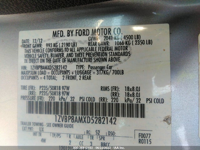 2013 FORD MUSTANG V6 VIN: 1ZVBP8AMXD5282142