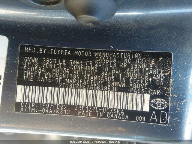 2016 TOYOTA COROLLA L/LE/S/S PLUS/LE PLUS VIN: 2T1BURHE7GC639638