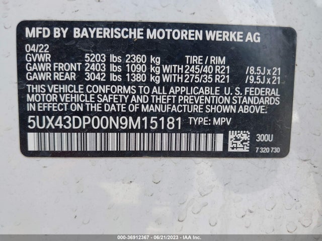 2022 BMW X3 SDRIVE30I VIN: 5UX43DP00N9M15181