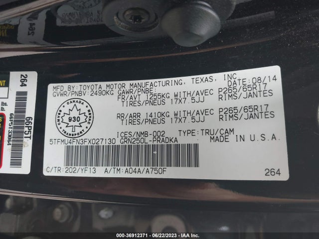 2015 TOYOTA TACOMA VIN: 5TFMU4FN3FX027130