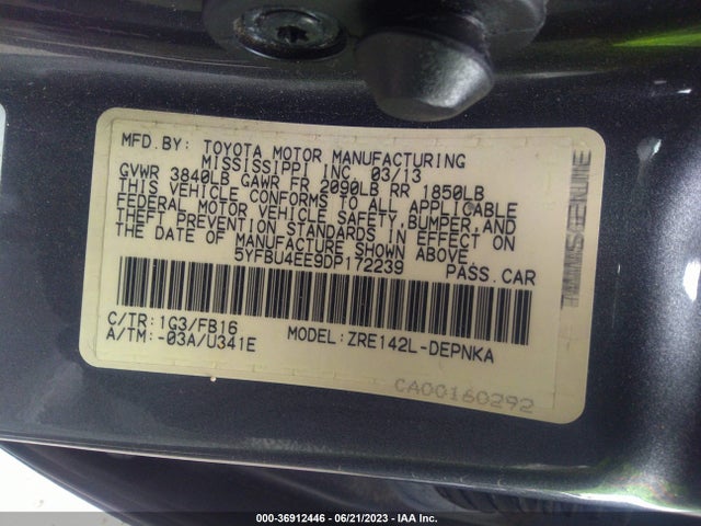 2013 TOYOTA COROLLA LE VIN: 5YFBU4EE9DP172239