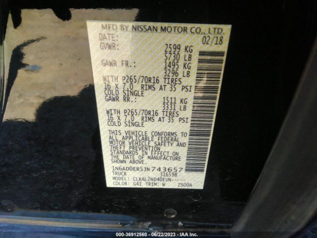 1N6AD0ER5JN743657 Nissan Frontier Sv V6