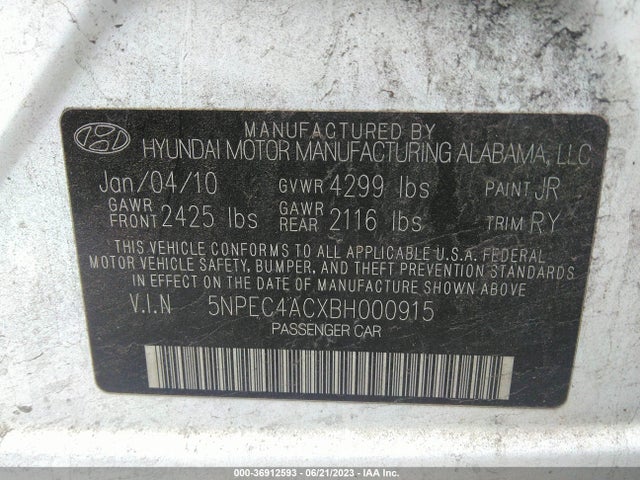 2011 HYUNDAI SONATA LTD VIN: 5NPEC4ACXBH000915