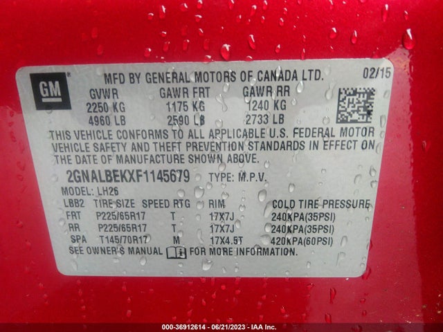 2015 CHEVROLET EQUINOX LT VIN: 2GNALBEKXF1145679
