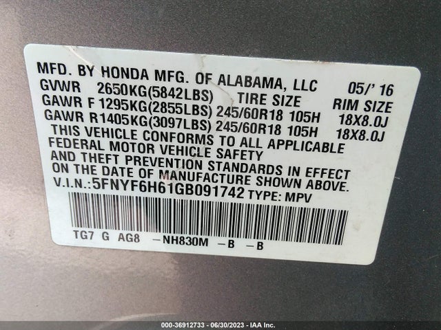 Honda Pilot Ex-l 2016 5FNYF6H61GB091742 Image 9