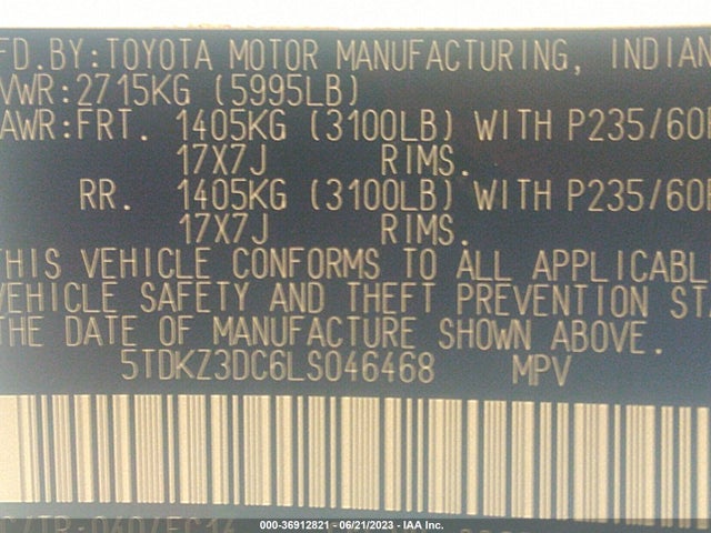 Toyota SIENNA LE 2020 5TDKZ3DC6LS046468 Image 9