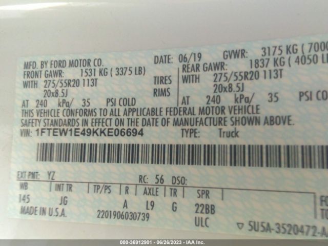 1FTEW1E49KKE06694 Ford F-150 Xl/xlt/lariat