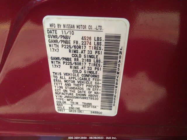 2011 NISSAN ROGUE SV VIN: JN8AS5MV5BW278530