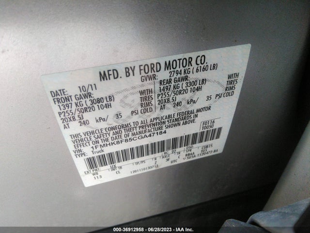 2012 FORD EXPLORER LIMITED VIN: 1FMHK8F85CGA47184