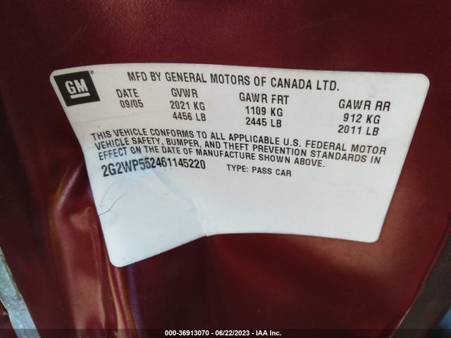 2006 PONTIAC GRAND PRIX VIN: 2G2WP552461145220