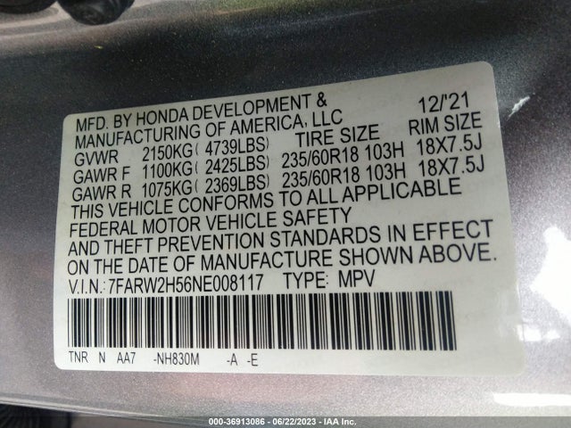 2022 HONDA CR-V EX VIN: 7FARW2H56NE008117