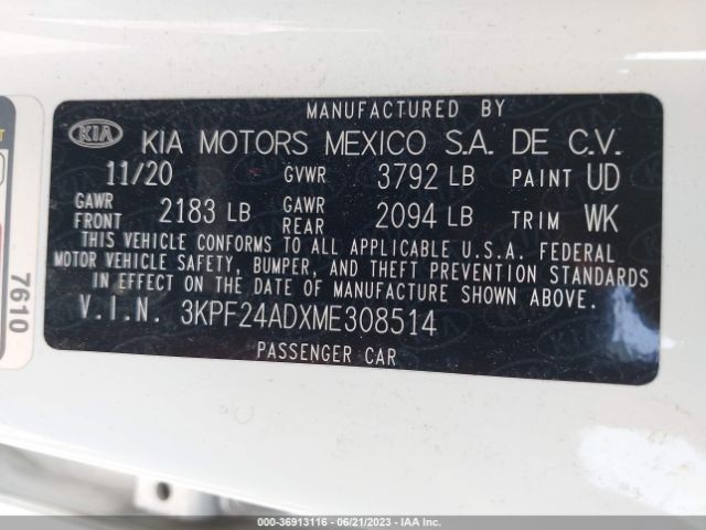 3KPF24ADXME308514 KIA Forte Lxs
