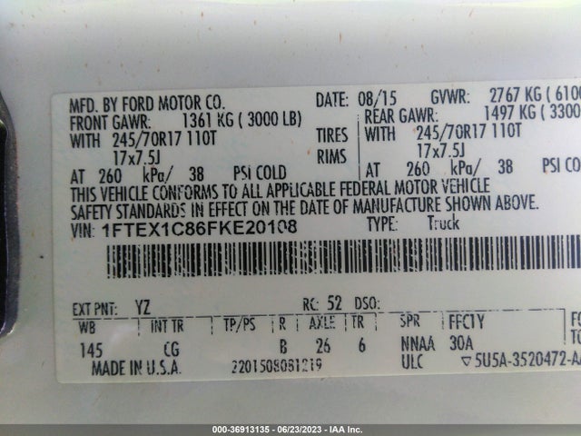 2015 FORD F-150 XL/XLT VIN: 1FTEX1C86FKE20108
