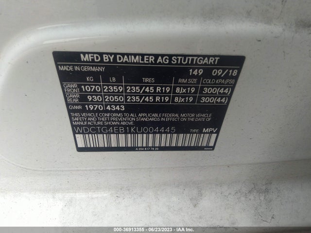 2019 MERCEDES-BENZ GLA GLA 250 VIN: WDCTG4EB1KU004445
