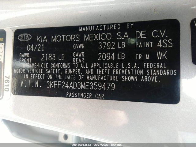 2021 KIA FORTE LXS VIN: 3KPF24AD3ME359479