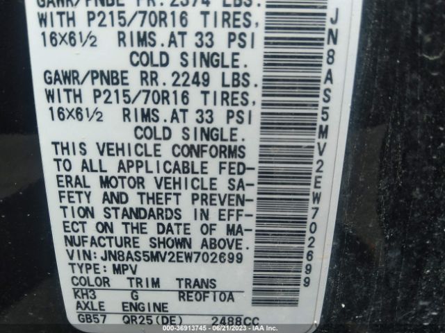 JN8AS5MV2EW702699 Nissan Rogue Select S