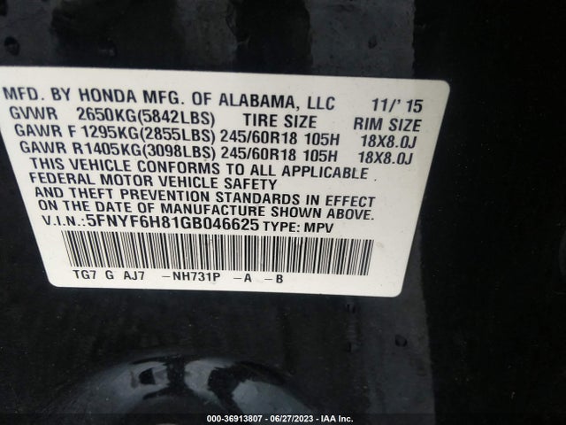 Honda Pilot Ex-l 2016 5FNYF6H81GB046625 Image 9