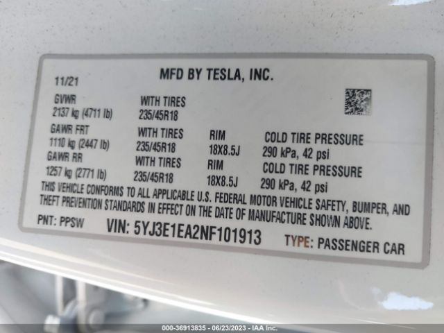 5YJ3E1EA2NF101913 Tesla MODEL 3
