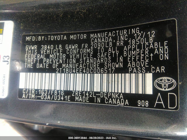 2013 TOYOTA COROLLA L/LE/S VIN: 2T1BU4EE4DC006517