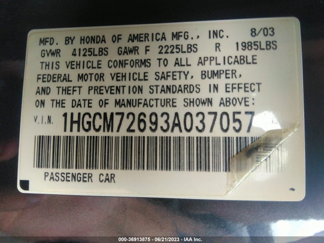 2003 HONDA ACCORD CPE EX VIN: 1HGCM72693A037057