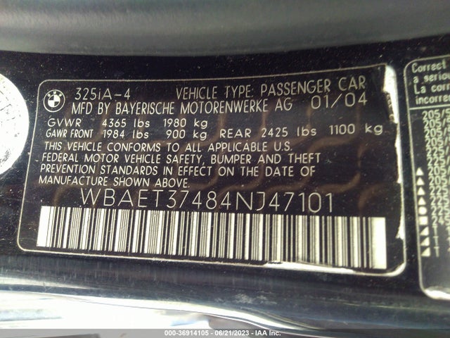 2004 BMW 3 SERIES 325I VIN: WBAET37484NJ47101
