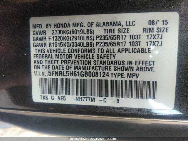 Honda Odyssey Ex-l 2016 5FNRL5H61GB008124 Image 9