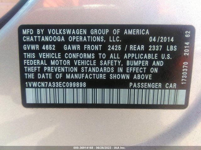 1VWCN7A33EC099898 Volkswagen Passat Tdi Sel Premium