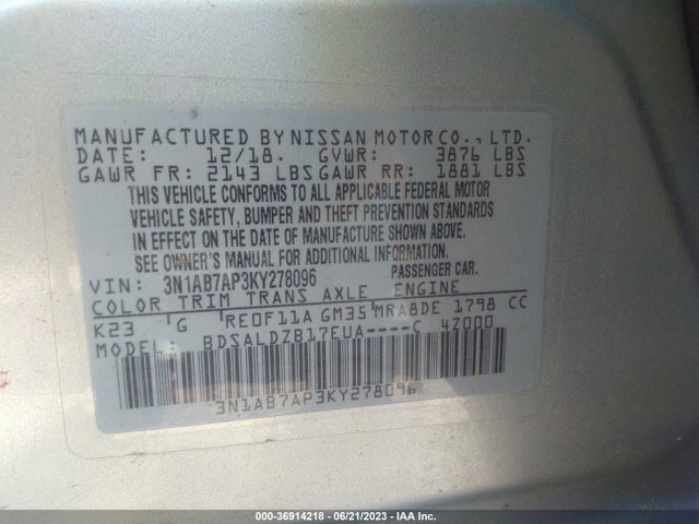 Nissan SENTRA SV 2019 3N1AB7AP3KY278096 Image 9
