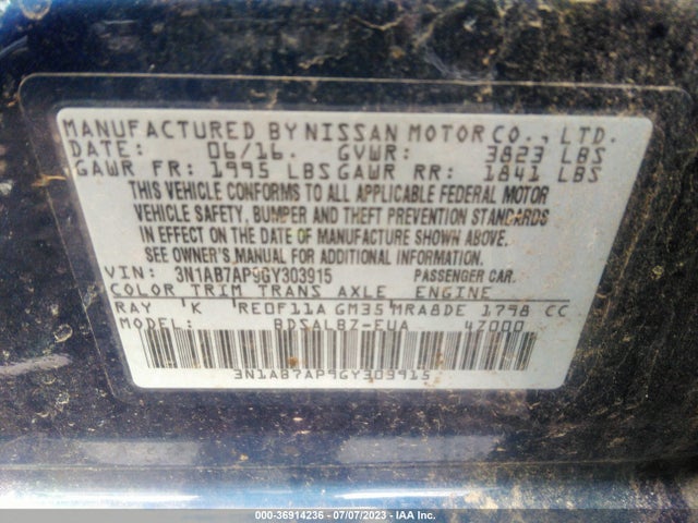 Aukcja sprzedaży 2016 Nissan Sentra S, vin: 3N1AB7AP9GY303915, numer aukcji: 36914236