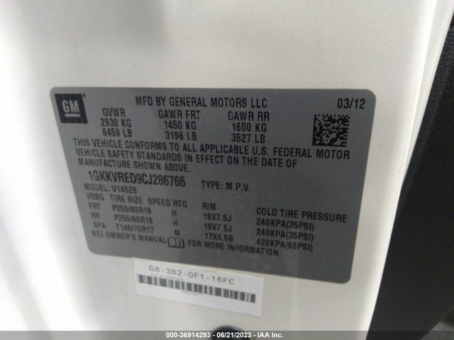 2012 GMC ACADIA SLT1 VIN: 1GKKVRED9CJ286766