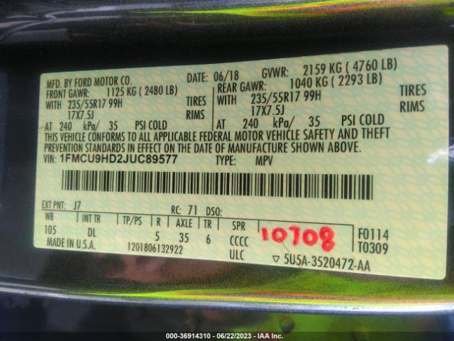1FMCU9HD2JUC89577 Ford ESCAPE SEL