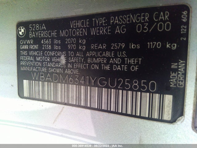 2000 BMW 5 SERIES 528IA VIN: WBADM6341YGU25850