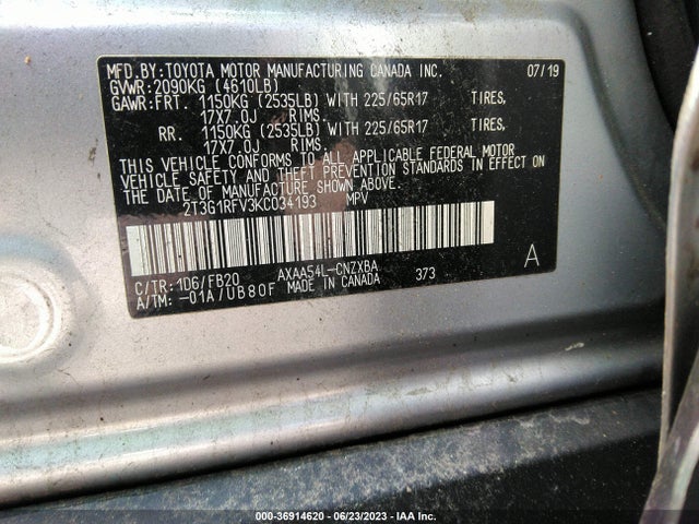 2019 TOYOTA RAV4 LE VIN: 2T3G1RFV3KC034193