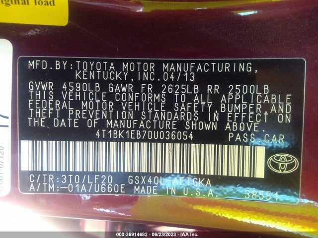 2013 TOYOTA AVALON XLE/LIMITED VIN: 4T1BK1EB7DU036054