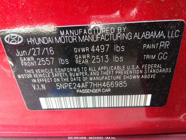 Hyundai Sonata 2.4l 2017 5NPE24AF7HH466985 Image 10