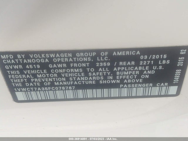 1VWCT7A35FC078767 Volkswagen Passat 1.8t Sel Premium