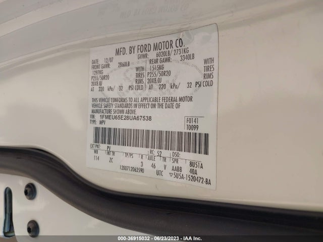 2008 FORD EXPLORER LIMITED VIN: 1FMEU65E28UA67538
