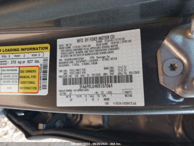 3FA6P0LU4KR107064 Ford Fusion Hybrid Se