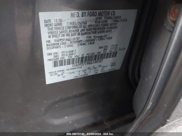 2006 FORD FIVE HUNDRED SEL VIN: 1FAFP27196G149707