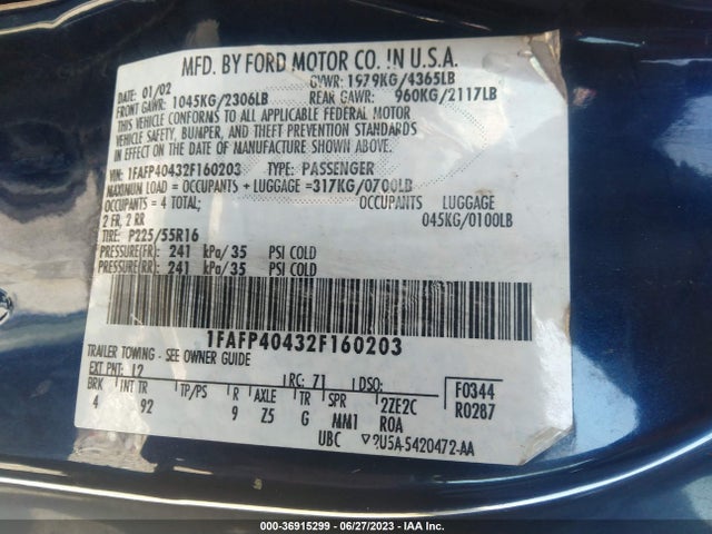2002 FORD MUSTANG STANDARD/DELUXE/PREMIUM VIN: 1FAFP40432F160203