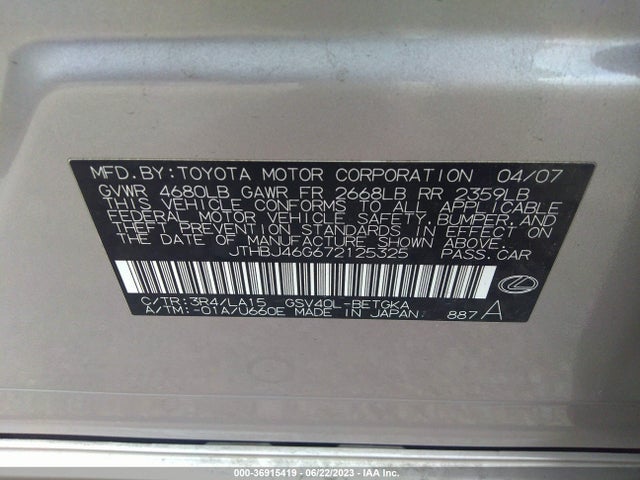 Aukcja sprzedaży 2007 Lexus Es 350, vin: JTHBJ46G672125325, numer aukcji: 36915419