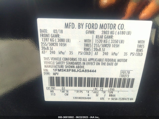 2018 FORD EXPLORER LIMITED VIN: 1FM5K8F86JGA89444