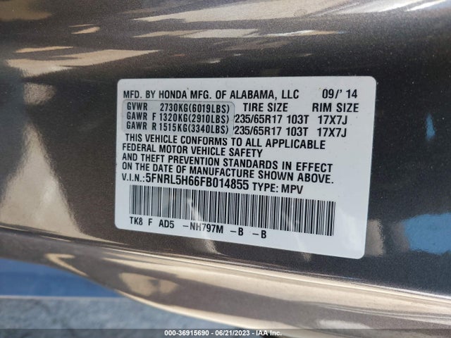 Honda Odyssey Ex-l 2015 5FNRL5H66FB014855 Image 9